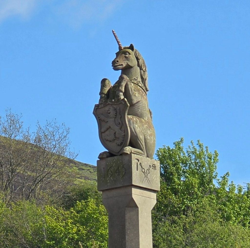 Melrose's mercat cross or market cross features a unicorn finial with crown around her neck holding the shield of the Lion Rampant. '1645' and crossed swords appear on two sides of the finial's base.
The finial is framed by blue skies and lush green vegetation.